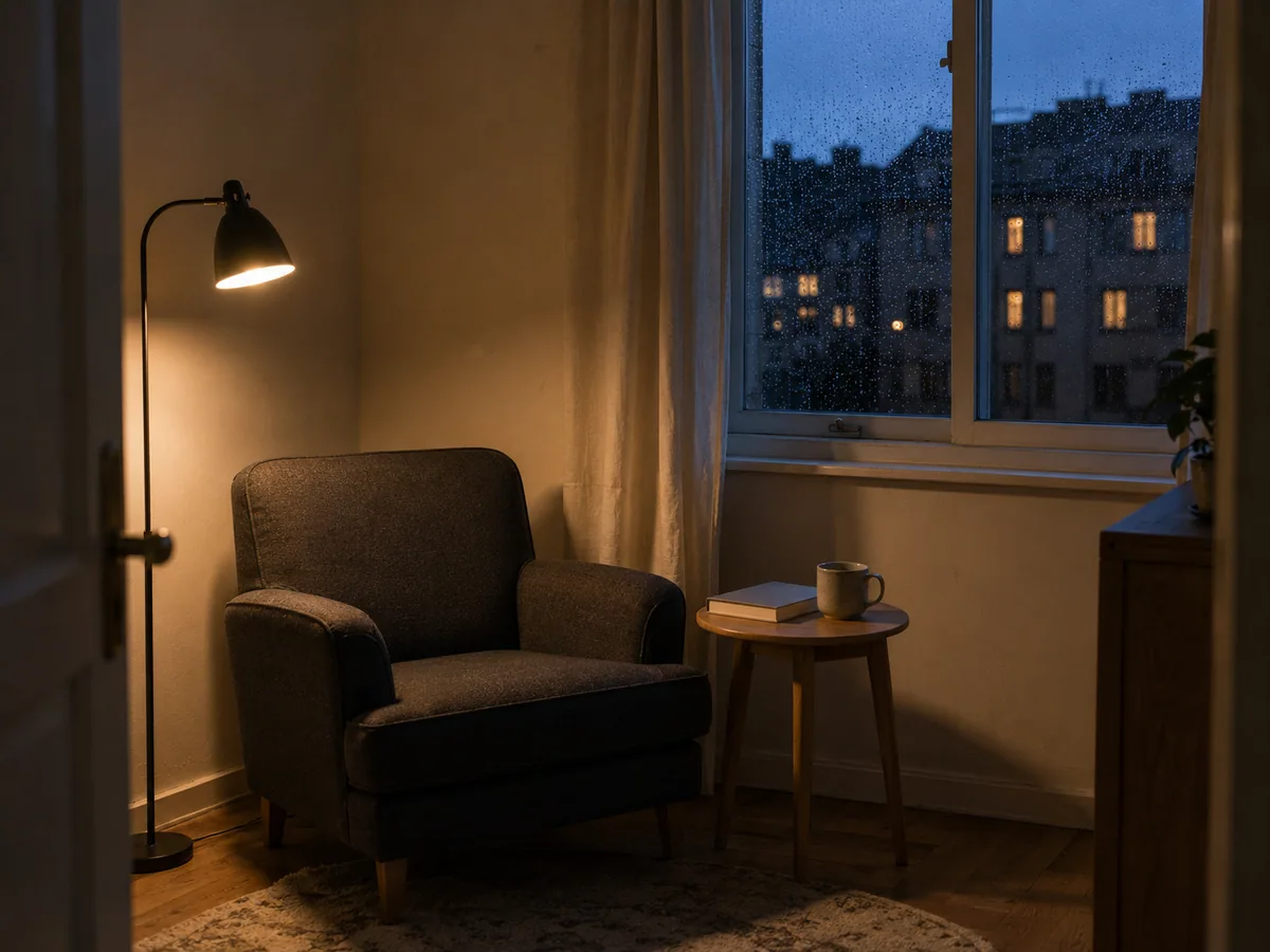 Illustrative blue-hour interior preview for detailed image editing